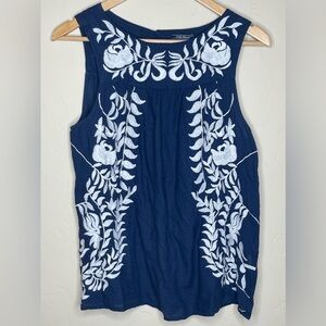 LUCKY BRAND: Blue Tank Top with White Embroidery. Size: Medium